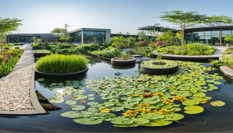 Panoramic view of Jardine's water garden system showing diverse aquatic vegetation and treatment pools