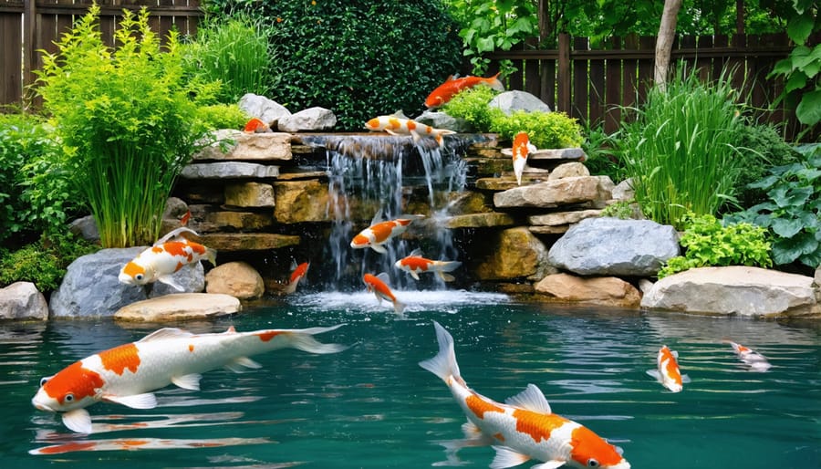 Serene backyard water garden with colorful koi fish, cascading waterfall, and lush aquatic plants