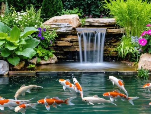 Serene backyard water garden in Kansas City with a soothing koi pond, cascading waterfall, and lush aquatic plants, embodying the spirit of the KC Water Garden Society.