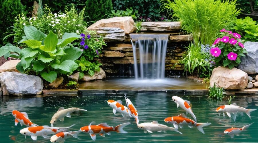 Serene backyard water garden in Kansas City with a soothing koi pond, cascading waterfall, and lush aquatic plants, embodying the spirit of the KC Water Garden Society.