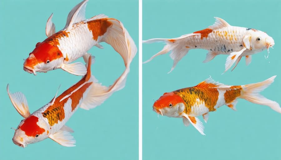 Side-by-side comparison showing active koi in clear, well-aerated water and lethargic koi in murky, oxygen-depleted water