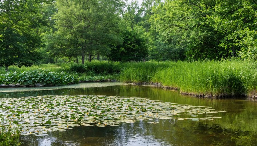 Landscaped BMP pond with flowering water plants and decorative stone edges