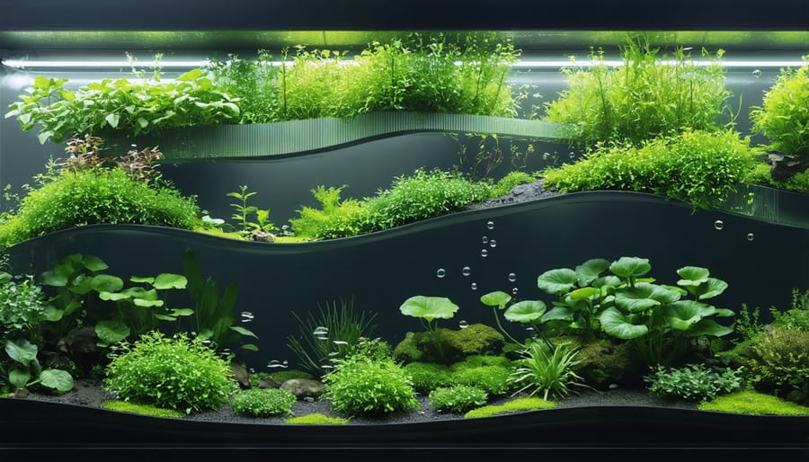 Cross-section view of pond showing layered aquatic plant arrangement from bottom to surface