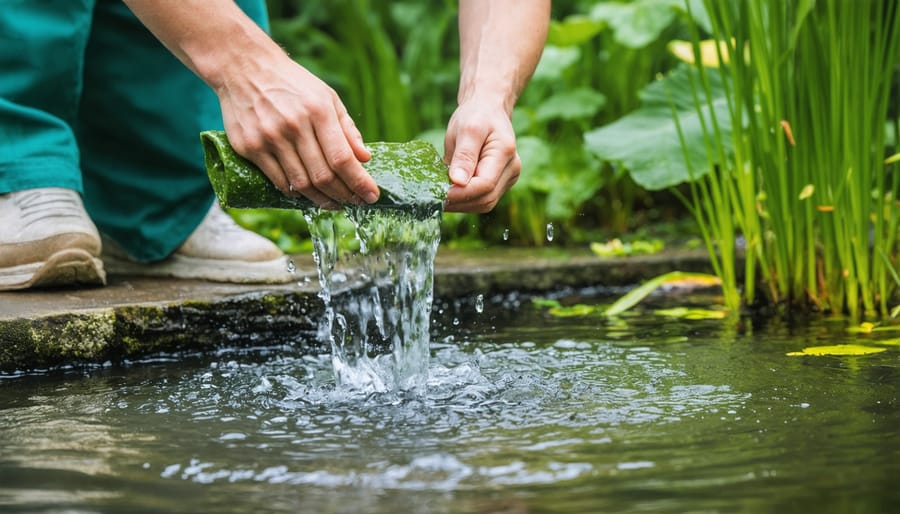Expert demonstrating proper pond filter cleaning techniques to society members during educational workshop