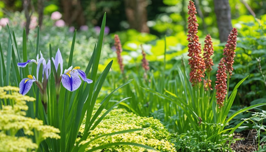 Diverse marginal water plants displaying various colors and textures