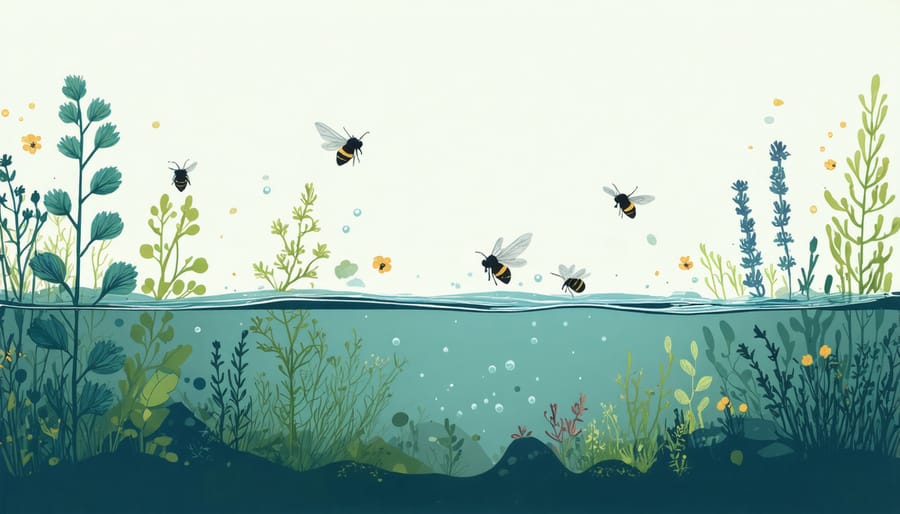 Cross-section view of water garden showing marginal plants and their root systems with pollinating insects