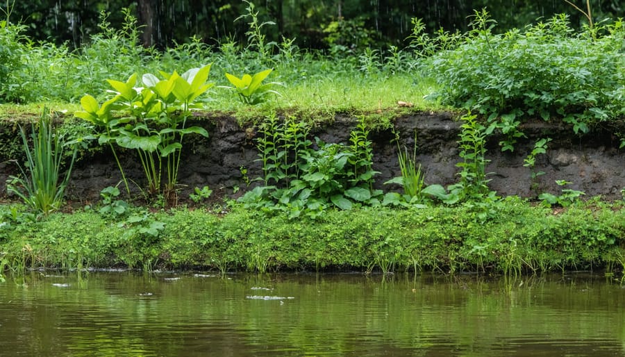 Deep-rooted native plants protecting retention pond bank from erosion