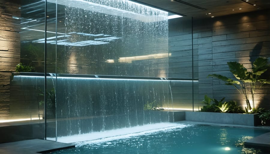 Contemporary waterfall wall featuring illuminated glass panels and metallic finishes