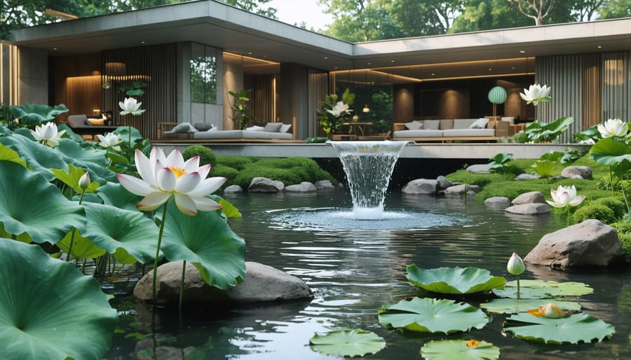 Contemporary sacred water garden design featuring lotus pond and meditation space