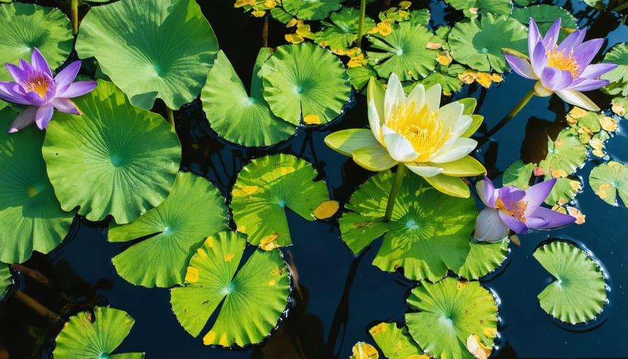Colorful water garden displaying multiple flowering aquatic plants with different hues