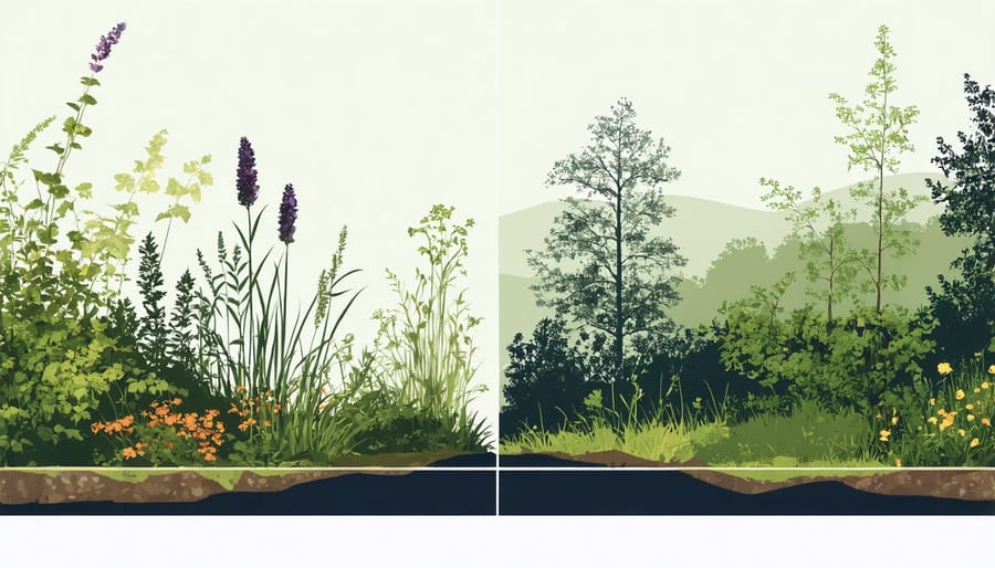 Comparative diagram showing beneficial native plants on left and problematic invasive species on right