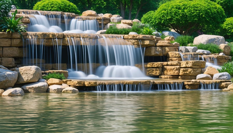 Multi-tiered waterfall with natural stone formation flowing into a garden pond