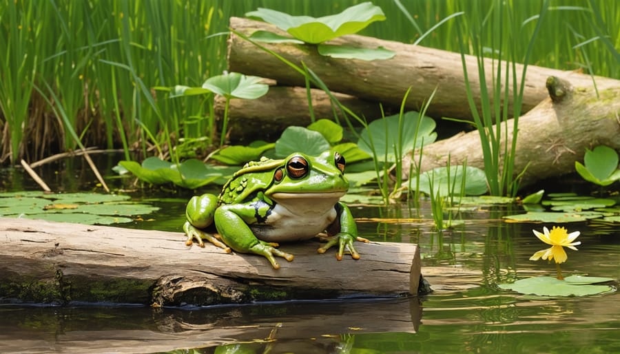 Healthy frog pond ecosystem featuring emergent vegetation, lily pads, and natural hiding spots