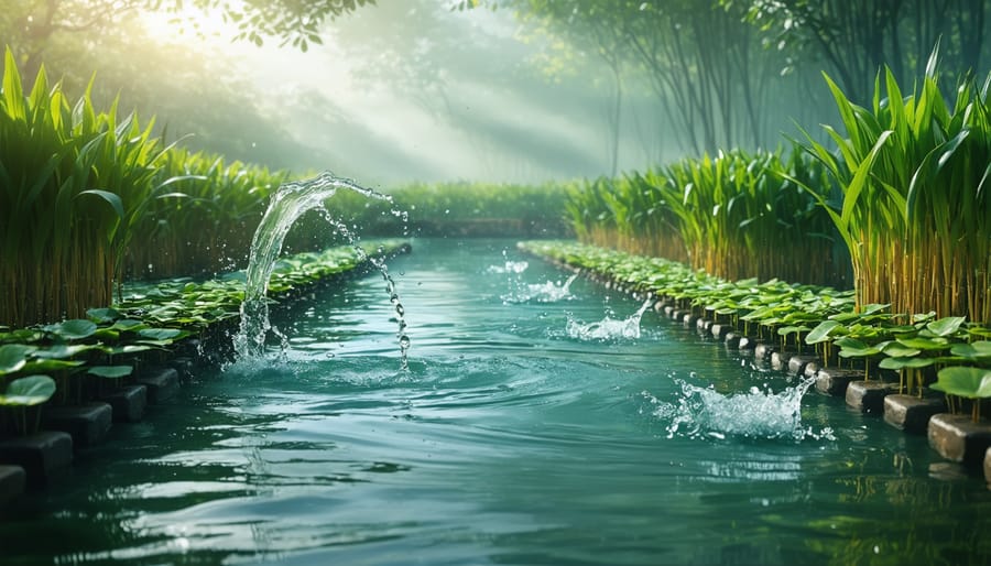 Natural pond filtration system with aquatic plants and flowing water