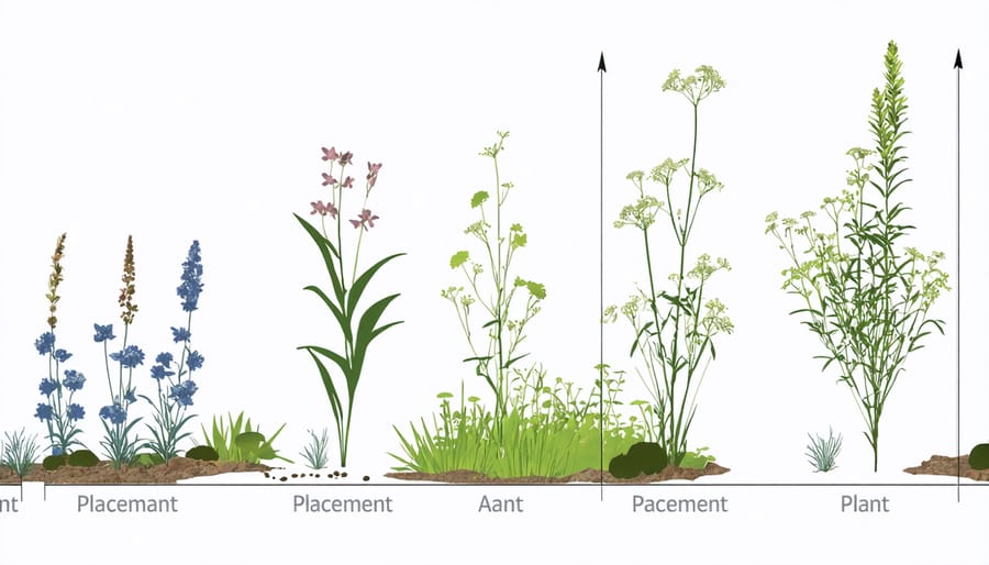 Illustrated layout plan for strategic placement of pollinator-friendly water garden plants