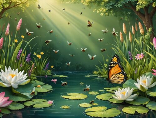 Diverse pollinators like bees, butterflies, and dragonflies interacting with vibrant water garden plants amidst a tranquil pond.