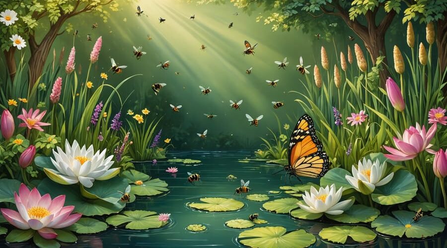 Diverse pollinators like bees, butterflies, and dragonflies interacting with vibrant water garden plants amidst a tranquil pond.