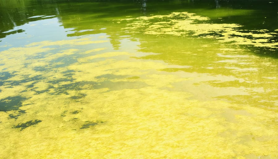 Pond water surface covered with floating yellow-green algae bloom
