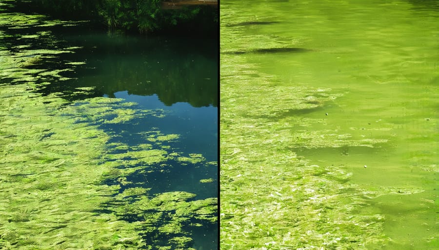 Before and after comparison of pond water quality showing algae problem and solution