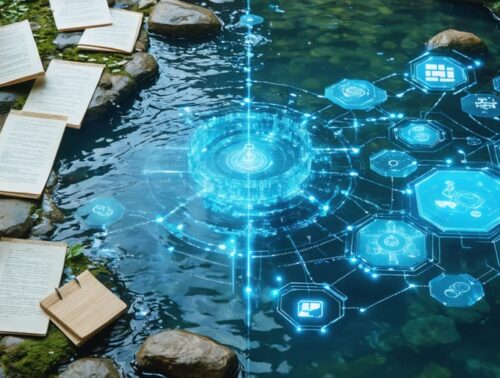A water garden pond with traditional paper logs on one side and a digital blockchain interface with smart sensors on the other, representing the integration of blockchain technology in pond management.