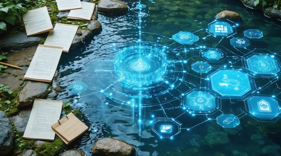 A water garden pond with traditional paper logs on one side and a digital blockchain interface with smart sensors on the other, representing the integration of blockchain technology in pond management.