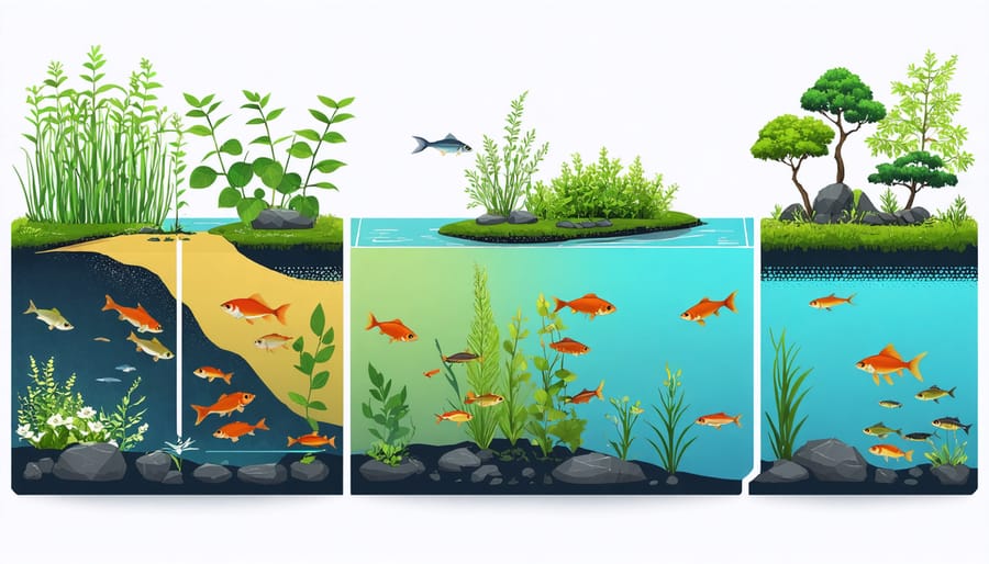 Illustrated pond depth profile showing shallow margins, mid-depth, and deep zones with corresponding aquatic life