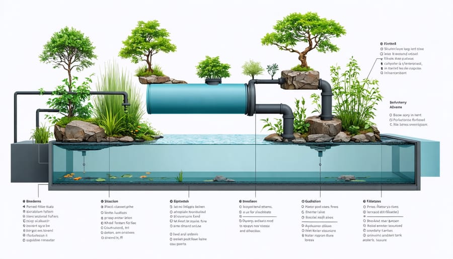 Labeled diagram showing components of a pond filtration system designed for hard water treatment