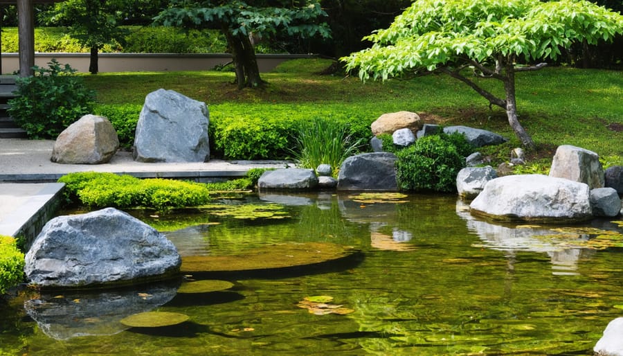 Artistically designed pond with carefully placed rocks and plants creating a dramatic focal point