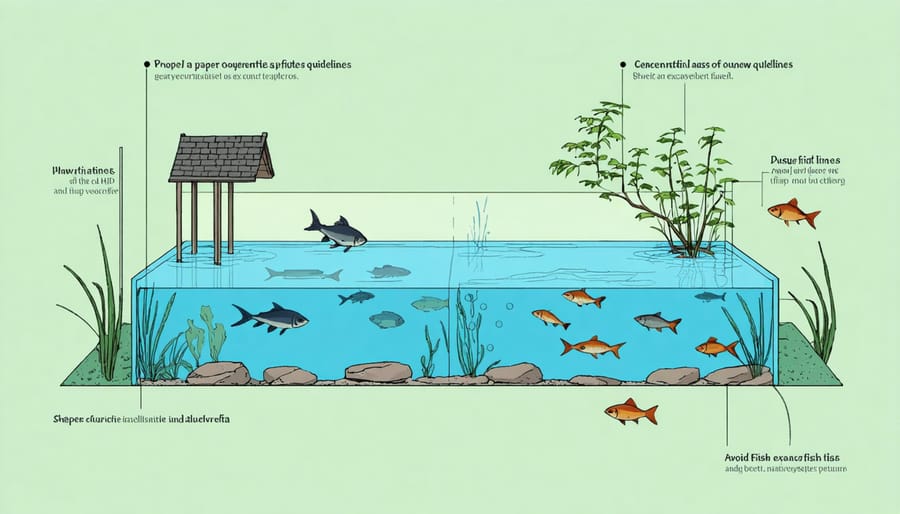 Illustrated setup of a pond quarantine system showing essential components