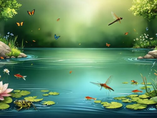 An artistic depiction of a pond's transformation through the seasons, illustrating vibrant spring growth, lively summer activity with dragonflies and frogs, autumn's tranquil leaf-covered surface, and winter's serene icy rest with life beneath.