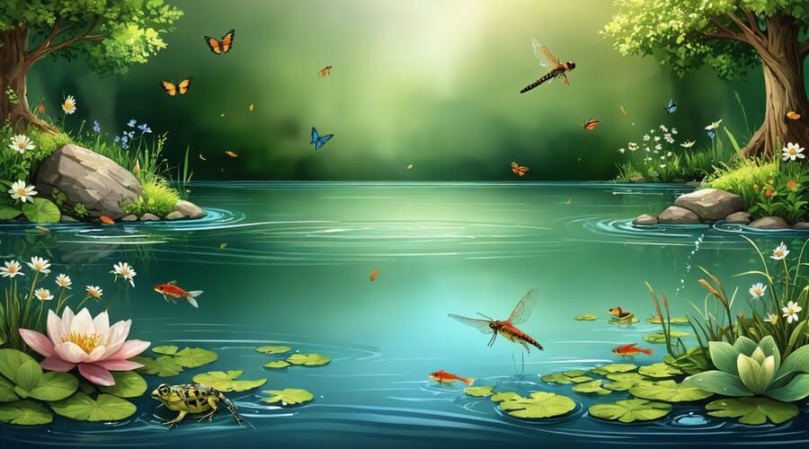 An artistic depiction of a pond's transformation through the seasons, illustrating vibrant spring growth, lively summer activity with dragonflies and frogs, autumn's tranquil leaf-covered surface, and winter's serene icy rest with life beneath.
