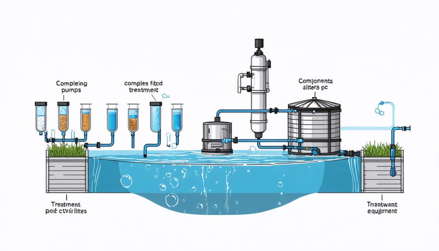 Labeled diagram of pond water treatment system components and setup