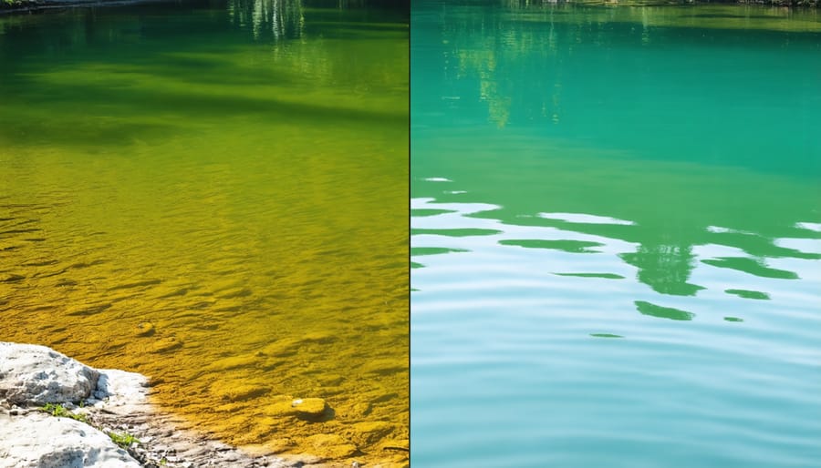 Side-by-side comparison showing the difference between untreated and treated pond water
