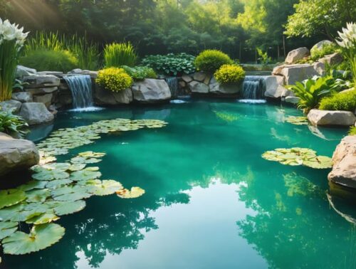 A serene pond illustrating various filtration systems, including vibrant aquatic plants and mechanical devices, symbolizing the transformation of pond water into a garden resource.