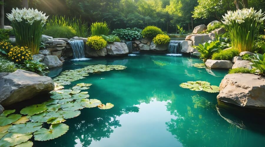 A serene pond illustrating various filtration systems, including vibrant aquatic plants and mechanical devices, symbolizing the transformation of pond water into a garden resource.