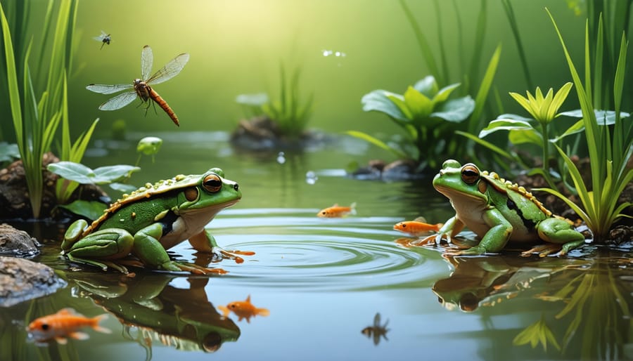 Pond wildlife interaction showing various species in their natural habitat