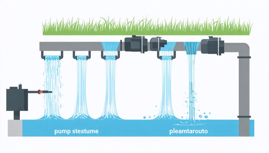 Illustrated diagram of water feature pump system with labeled components