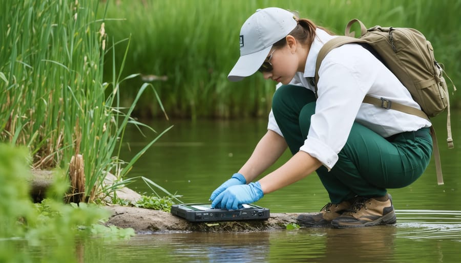 Professional ecologist taking water samples and measuring vegetation density along pond bank