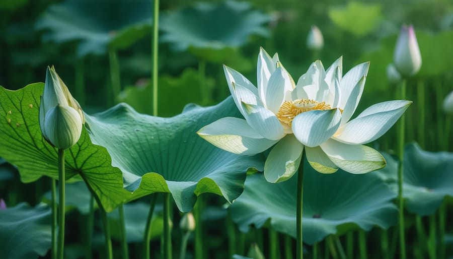 Sacred aquatic plants including pink lotus flowers and white water lilies floating on still water