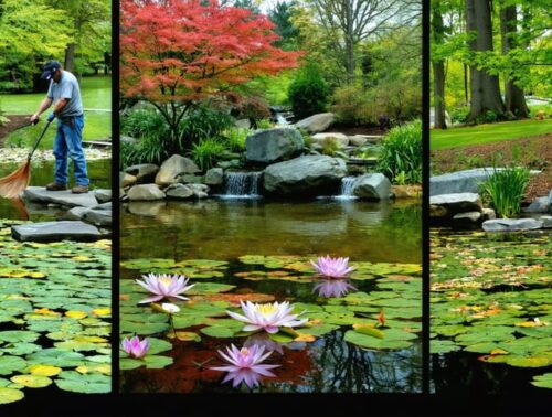 A dynamic seasonal fish pond showcasing year-round maintenance with spring cleaning, summer water lilies, autumn foliage, and winter protective coverings along with diverse wildlife and vibrant aquatic plants.