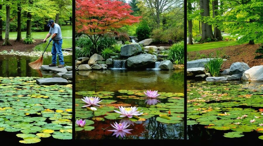 A dynamic seasonal fish pond showcasing year-round maintenance with spring cleaning, summer water lilies, autumn foliage, and winter protective coverings along with diverse wildlife and vibrant aquatic plants.