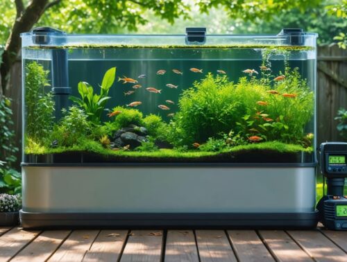 A peaceful backyard fish breeding setup featuring a large, plastic tub equipped with aquatic plants, spawning mops, and sponge filters, nestled under tree shade with sunlight streaming in.