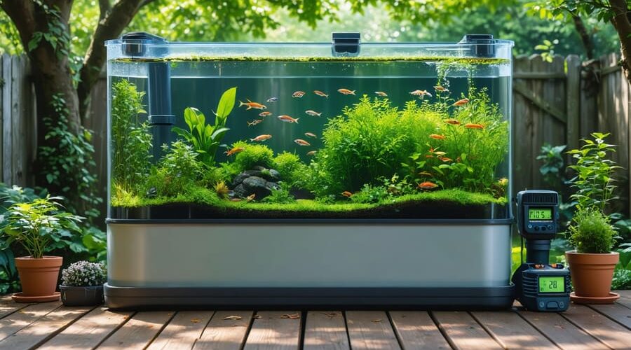A peaceful backyard fish breeding setup featuring a large, plastic tub equipped with aquatic plants, spawning mops, and sponge filters, nestled under tree shade with sunlight streaming in.