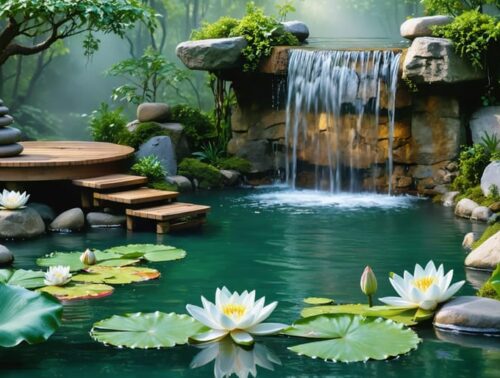 A peaceful sacred water garden featuring a pond with floating lotus flowers and water lilies, surrounded by lush greenery and a gentle waterfall flowing over rocks. A meditation seating area provides a tranquil space for contemplation.