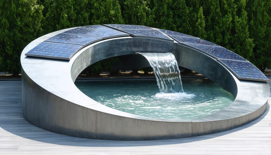 Contemporary eco-friendly water sculpture with integrated solar power system