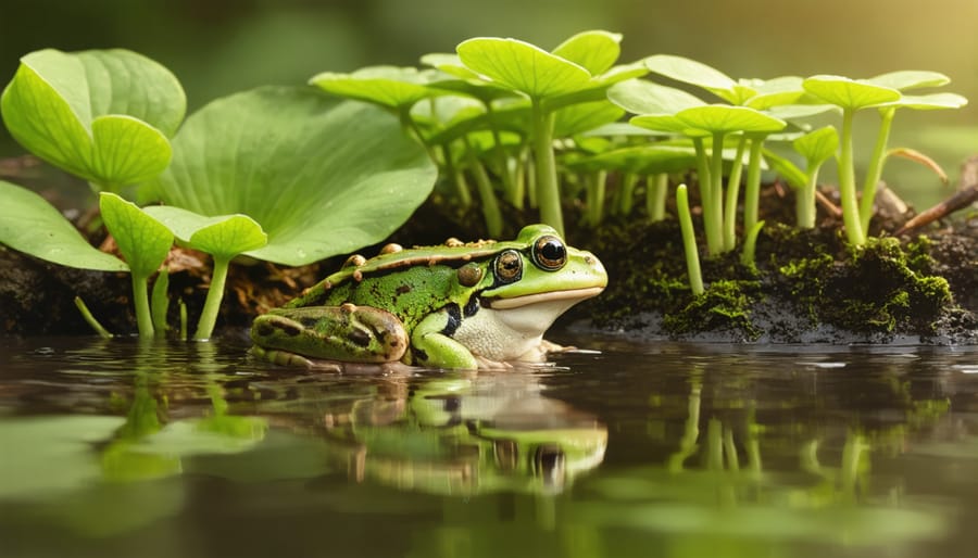 Common frogs laying spawn among fresh pond plant growth in early spring