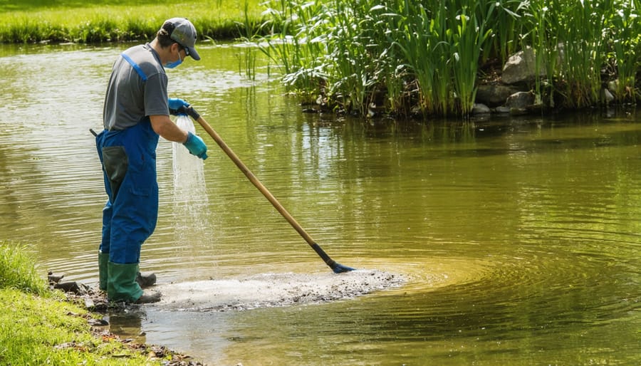 Person removing leaves and checking pond filter during spring maintenance