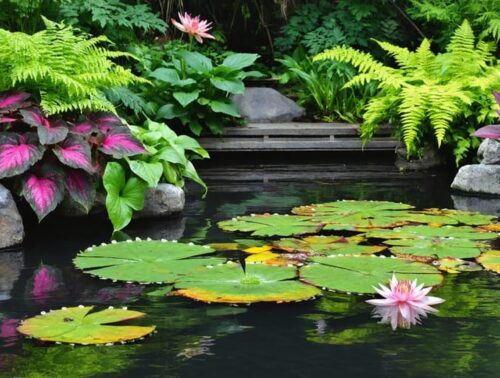 A diverse water garden showcasing striking multicolor plant combinations, including Persian Shield and Coleus, interspersed with floating water lilies and lotus flowers.