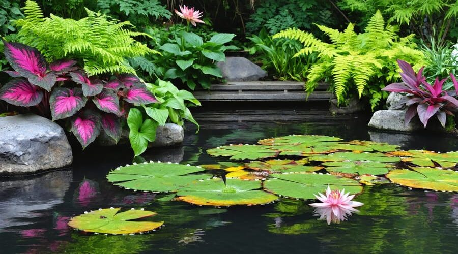 A diverse water garden showcasing striking multicolor plant combinations, including Persian Shield and Coleus, interspersed with floating water lilies and lotus flowers.