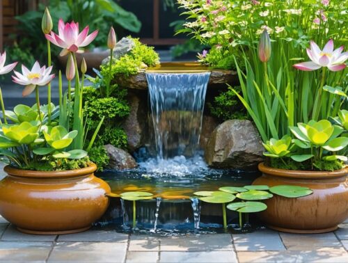 A serene container water garden in a colorful ceramic pot with blooming water lilies, decorative rushes, and a small cascading water feature on a sunlit patio.